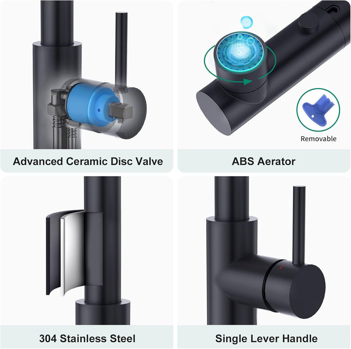 CREA Wasserhahn Küche mit 3 Funktionen Brause, Schwarz Küchenarmatur mit Ausziehbarem Brause, 360° D
