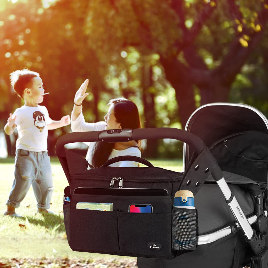 PHILORN Kinderwagen Organizer mit Isolierte Getränkehalter, Universal Kinderwagentasche, Baby Grosse