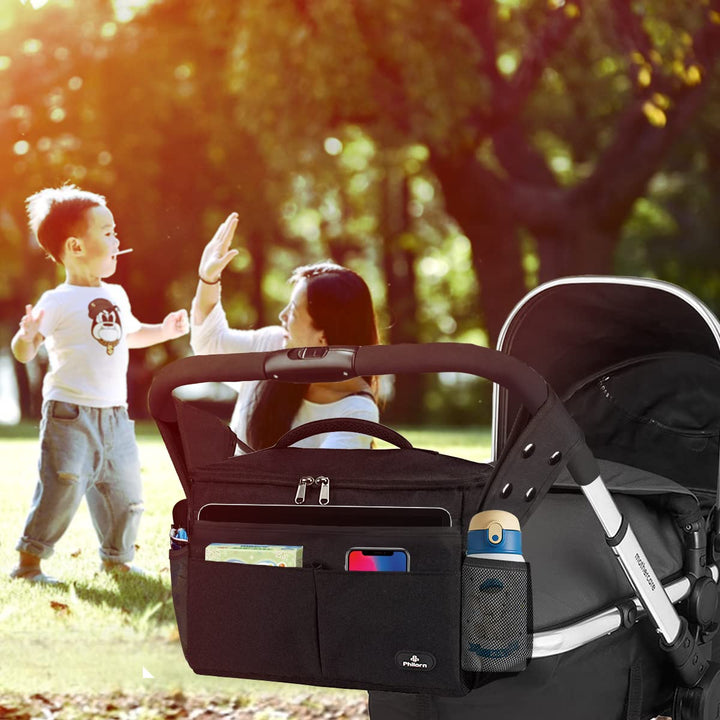 PHILORN Kinderwagen Organizer mit Isolierte Getränkehalter, Universal Kinderwagentasche, Baby Grosse