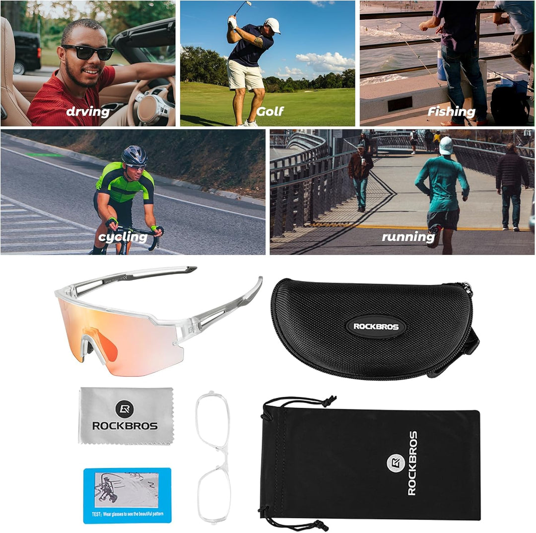 ROCKBROS Fahrradbrille UV 400 Sonnenbrille Photochromatisch Brille Klar Winddicht Sportsbrille für O