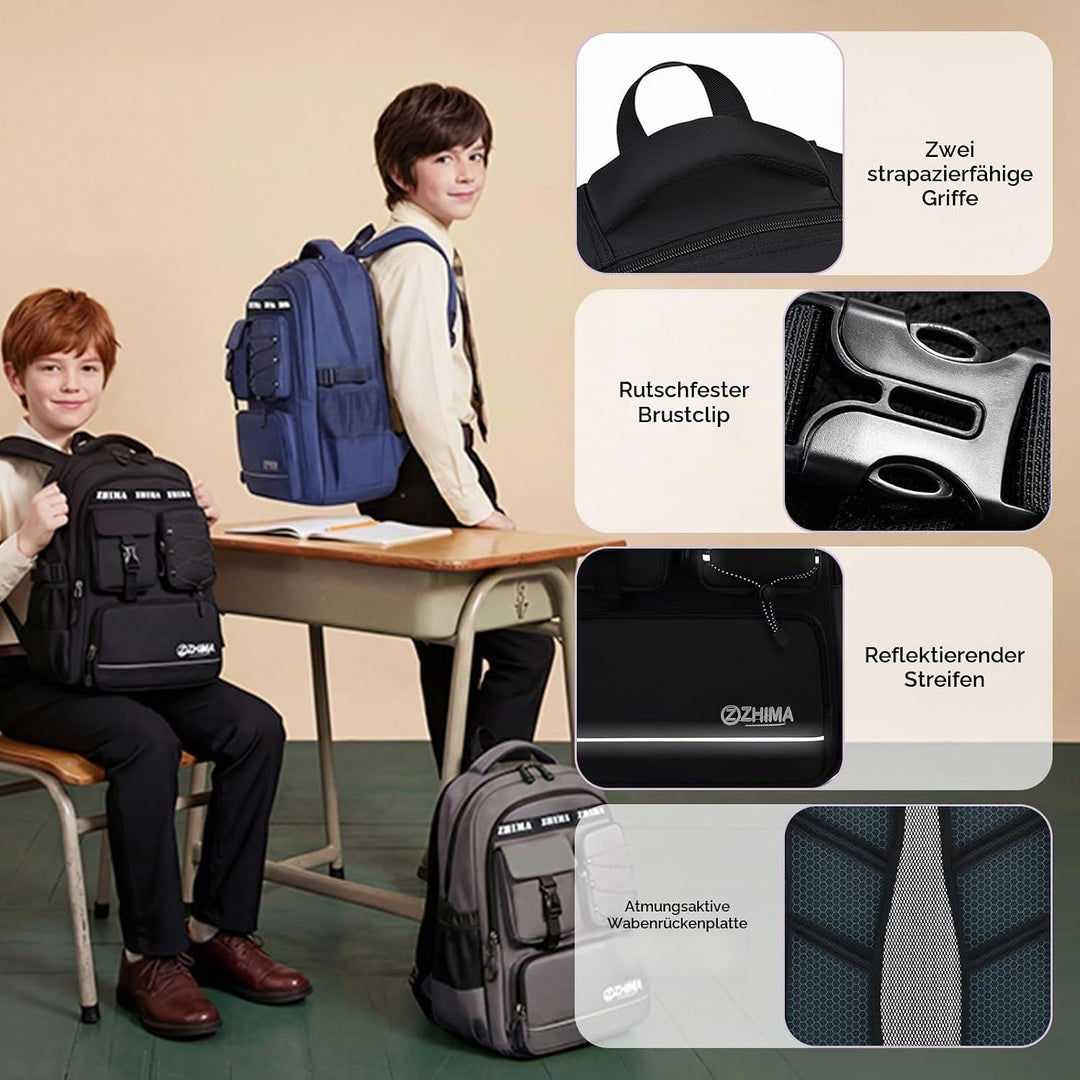 Schulrucksack Jungen Teenager, Rucksack Schule Gymnasium Oberstufe Schulranzen mit Reflektoren für 1