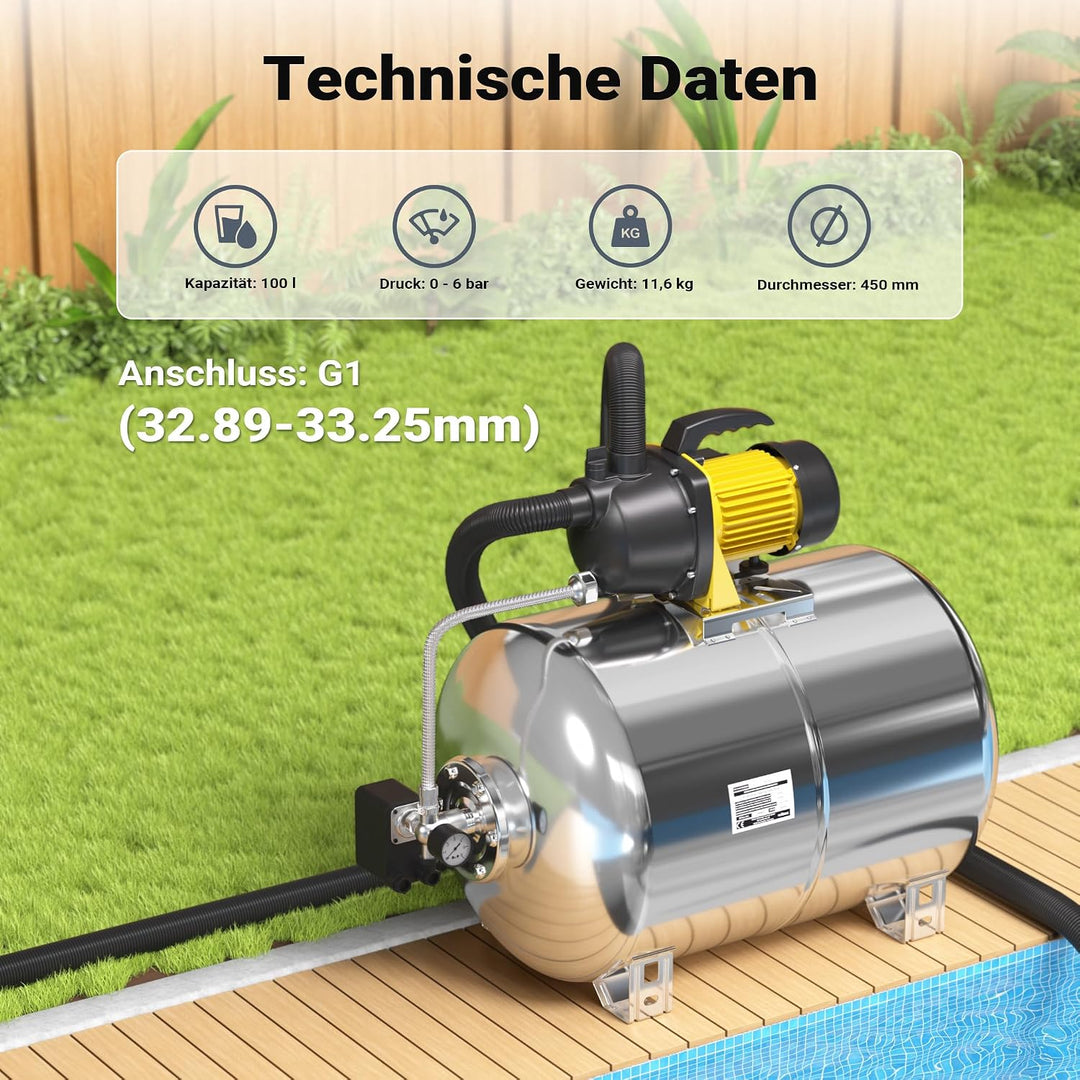 Edelstahl 100 l Ausdehnungsgefäss für Hauswasserwerke und Druckerhöhungsanlagen mit EPDM Membran