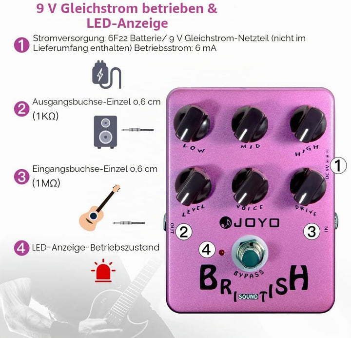 JOYO Overdrive British Rock Amp Simulator Pedal Brit-Rock Era Bluesbreaker Overload für E-Gitarren-E