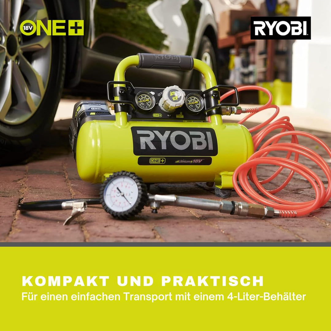 RYOBI 18 V ONE+ Akku-Kompressor PRO R18AC-0 (max. Druck 8,3 bar, Tankinhalt 3,8l, ideal zum Aufpumpe