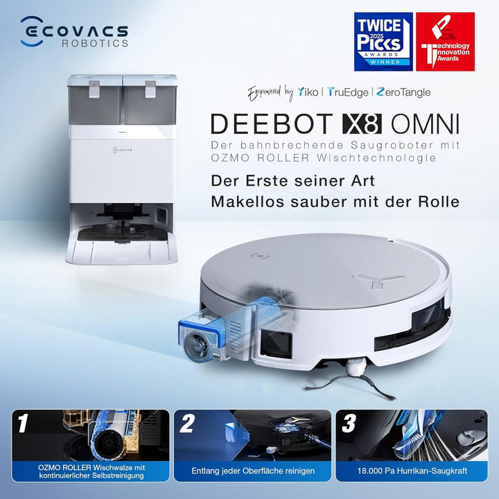 ECOVACS DEEBOT X8 Omni Saugroboter mit Wischfunktion, 18.000 Pa, OZMO Roller Wischwalze mit kontinui