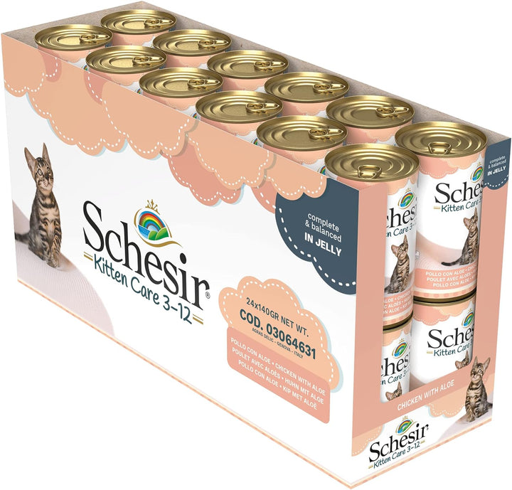 Schesir Cat Jelly Kitten Hühnerfilet mit Aloe Vera, Katzenfutter nass für Kätzchen in Gelee, 24 Dose