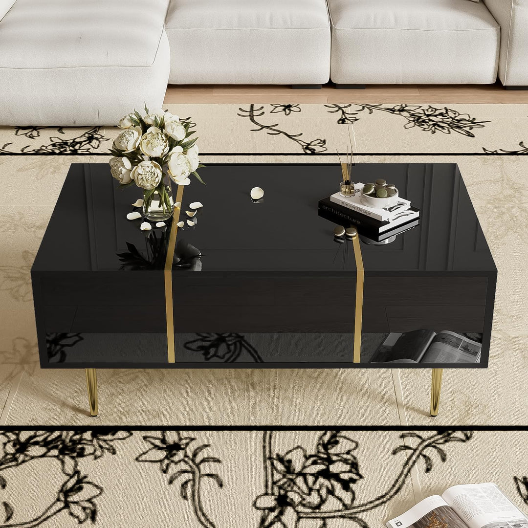 BTM Moderner Couchtisch in Schwarz mit Hochglanz und 2 Schubladen, 100 cm (L) x 60 cm (B) x 41,5 cm