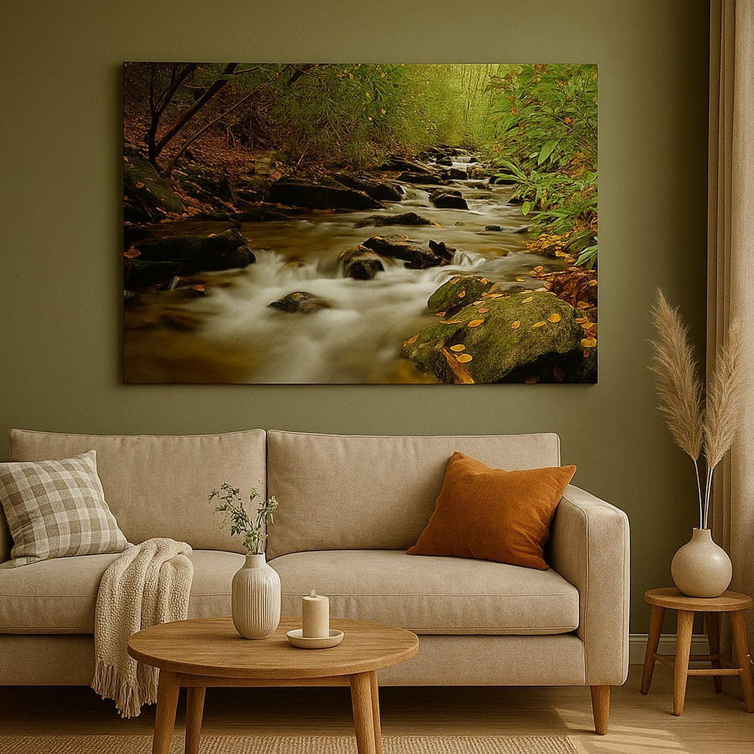 Bilder auf Leinwand 100x70cm Leinwandbild mit Rahmen Bäume Strom Felsen Gross Wanddeko Bild Schlafzi