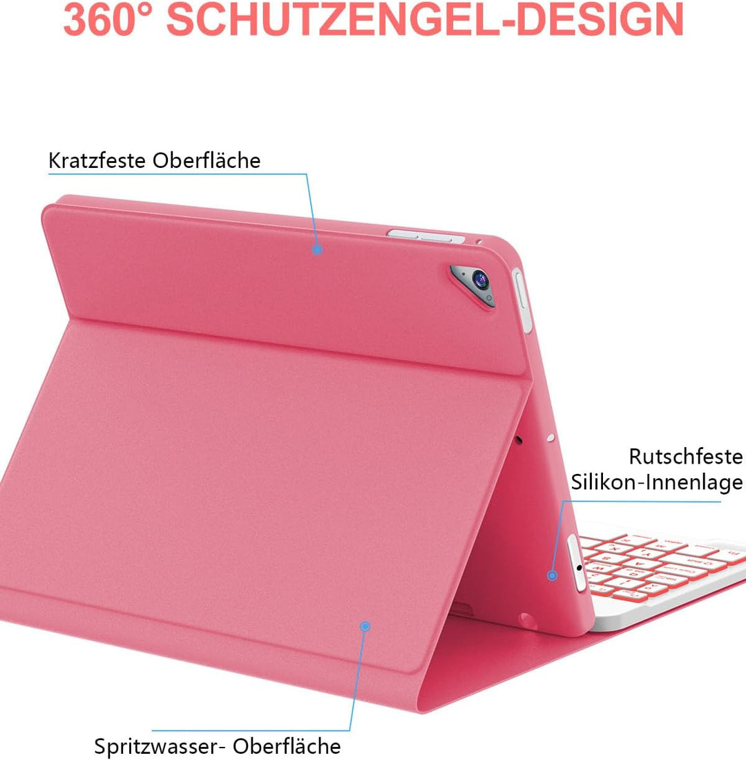 JADEMALL Für iPad 6. Generation Hülle mit DE Tastatur, Abnehmbare Bluetooth Tastatur mit 7-Farben Ba