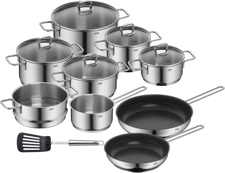 Silit Alicante Topfset Induktion 10-teilig, Kochtopfset Induktion mit Glasdeckel, Edelstahl poliert,