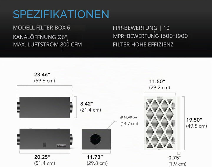 AC Infinity Inline-Filterbox, 15,2 cm, mit hocheffizientem Filter, HVAC-Filter-Set, passend für 15,2