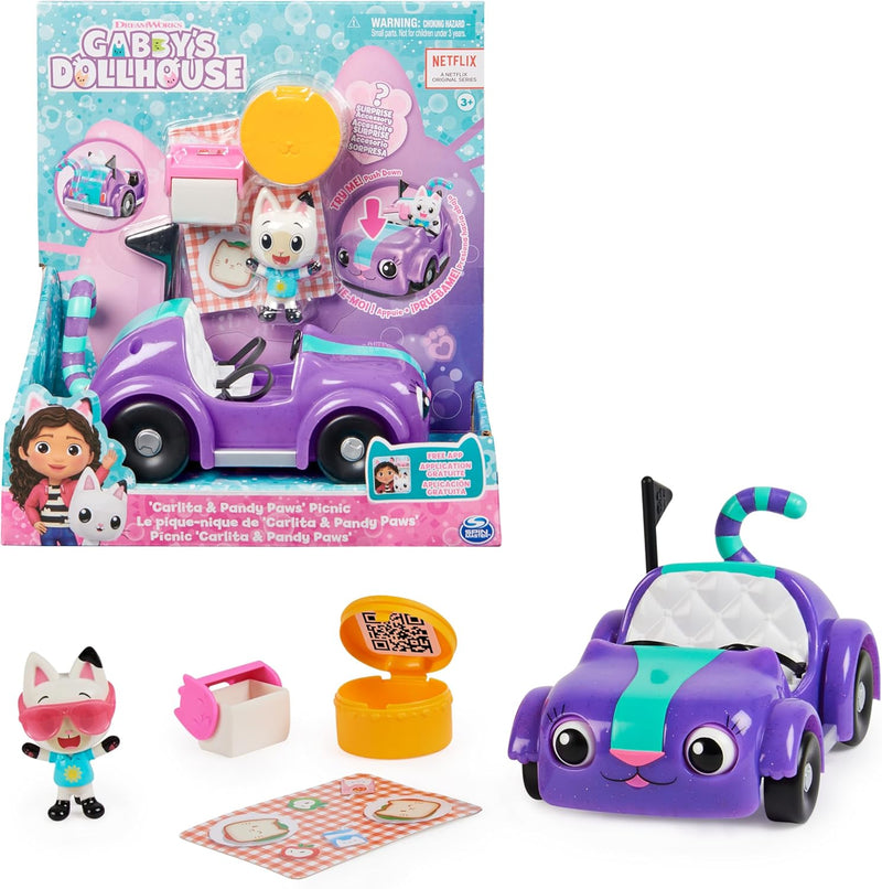 Gabby’s Dollhouse, Carlita-Spielzeugauto mit Pandy Paws-Sammelfigur, 2 Zubehörteilen und 1 Überrasch