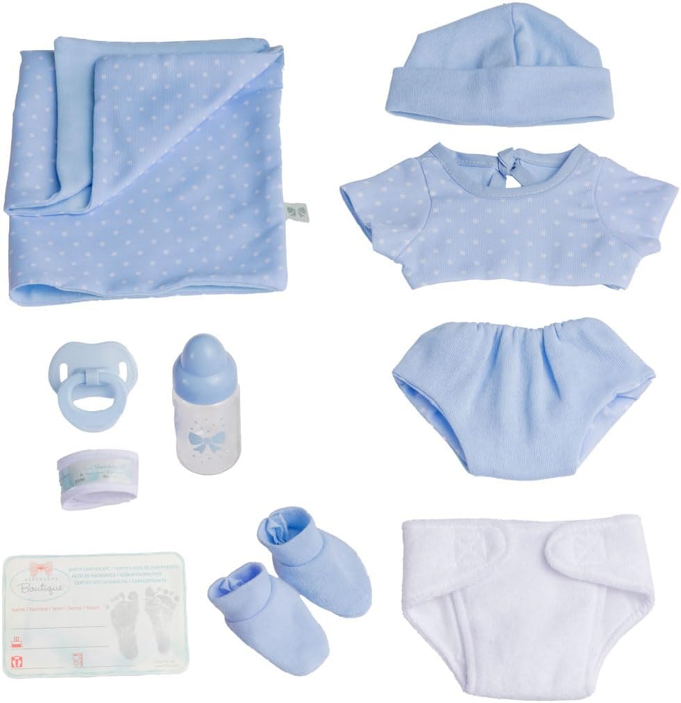 JC TOYS 102-18540 – Kinderpuppe, Körper aus Gummi, Blaue Kleidung mit Punkten, 36 cm