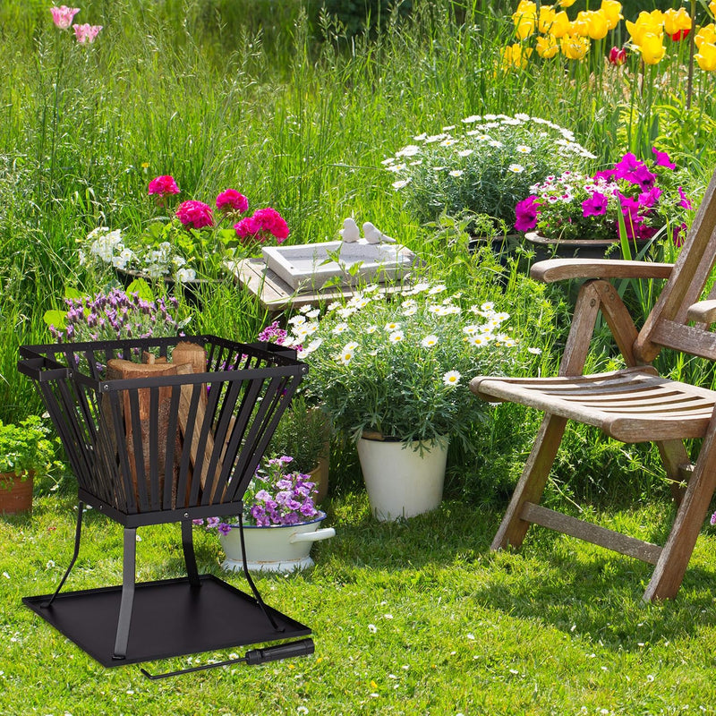 Relaxdays Feuerkorb XL mit Schürhaken, Terrasse u. Garten Feuerschale mit Unterlage, für Holz, HBT 5