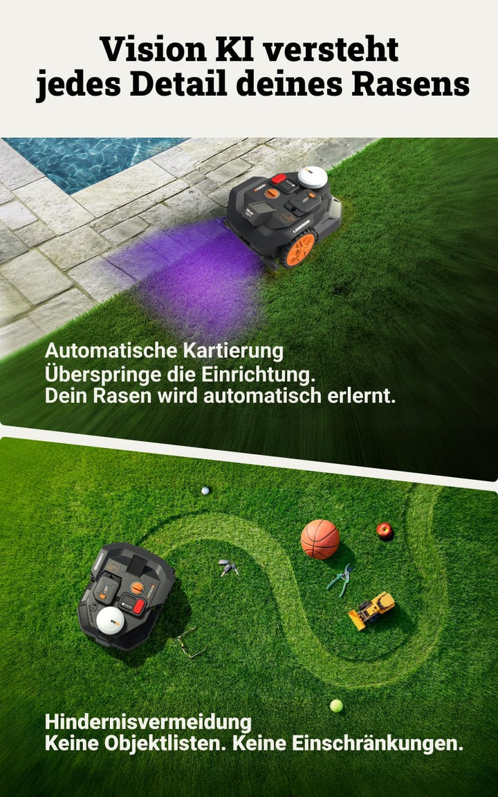 Worx Landroid Vision Cloud WR304E 2WD Mähroboter mit Garage, kabelloser Rasenmähroboter für bis zu 4