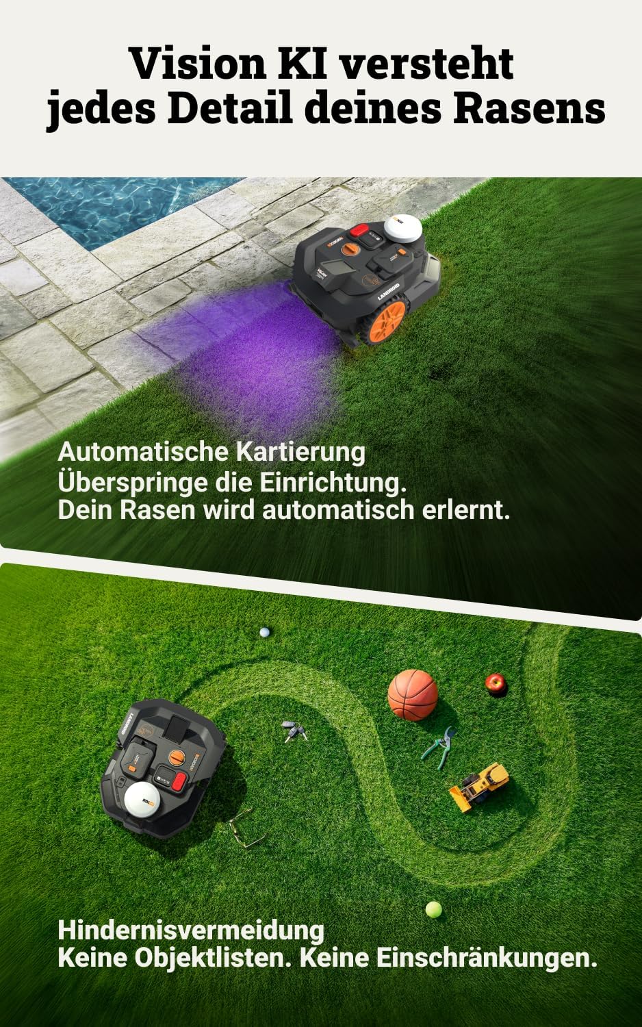 Worx Landroid Vision Cloud WR304E 2WD Mähroboter mit Garage, kabelloser Rasenmähroboter für bis zu 4
