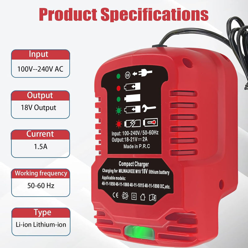 TPDL Mini Ladegerät für Milwaukee 18V M18 akku, M18 Ersatz Akku-Ladegerät Kompatibel mit Milwaukee 1