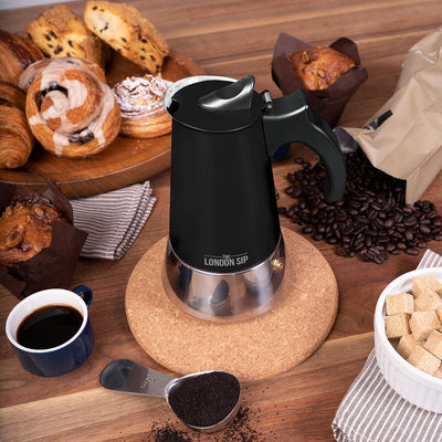 The London Sip Espressokocher Induktion geeignet, Mokkakanne aus Edelstahl, Espressokanne 6 Tassen (