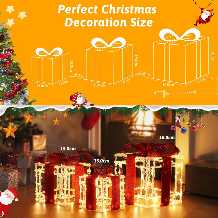Quntis 3 Set LED Geschenkbox Weihnachten, 215 warmweisse LED beleuchtete Boxen, Weihnachtsdeko Innen