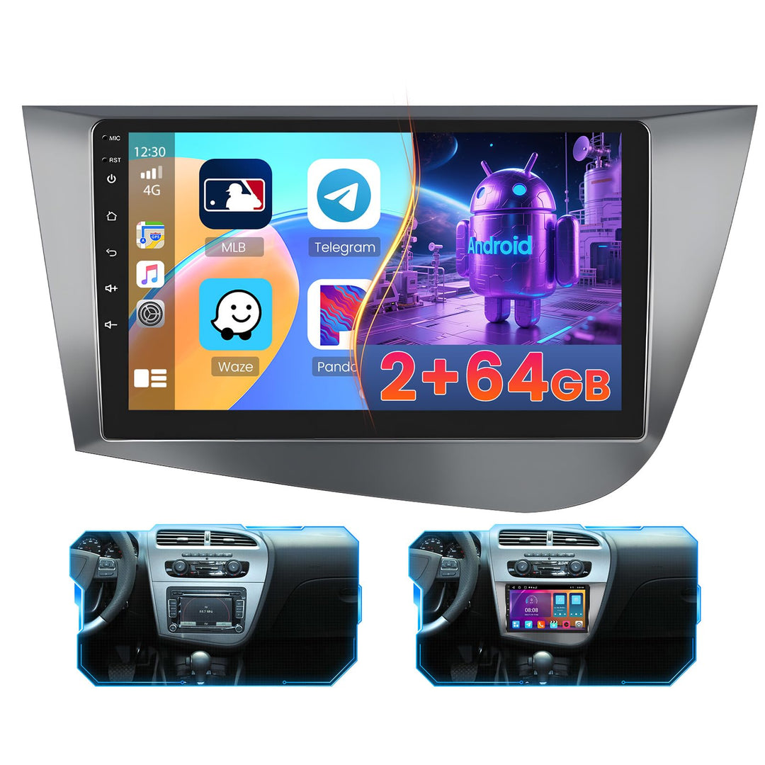 2+64GB Android Autoradio für Seat Leon 2005-2012 Wireless Carplay Android Auto, 9'' IPS Touchscreen