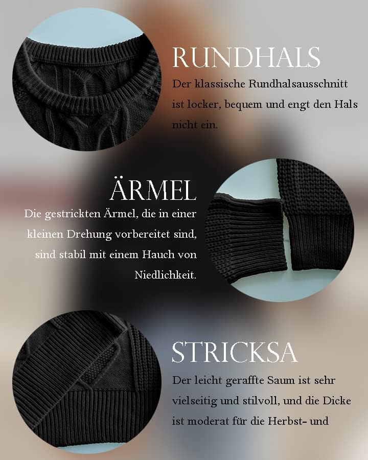 ANCAPELION Damen Kabel Pullover,Winter Casual Leicht Rundhals Langarm Einfarbig Elegant Gerippt Stri
