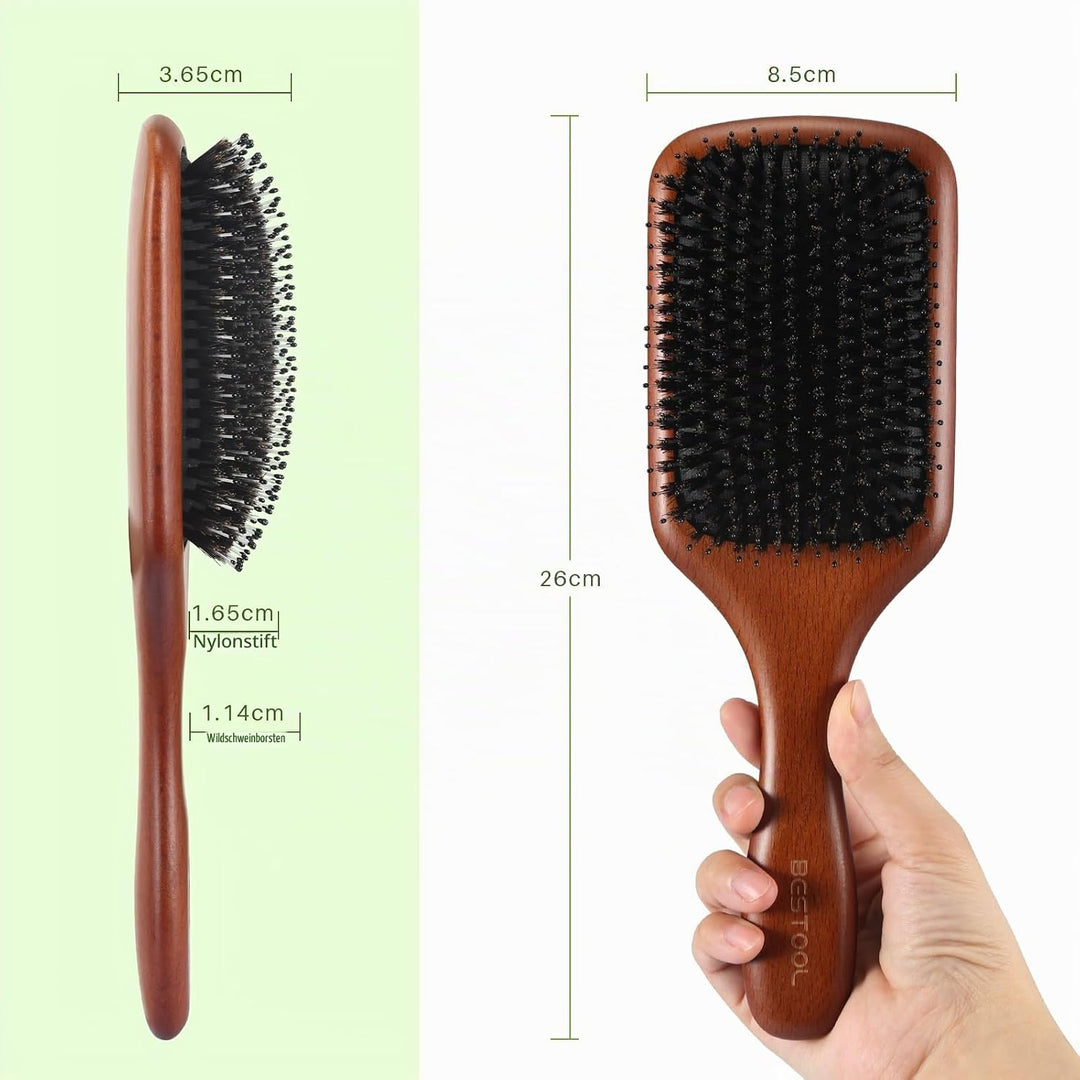 BESTOOL Haarbürste, Wildschweinborsten Bürste mit Nylonstiften für Damen Herren Kinder, Grosse Paddl
