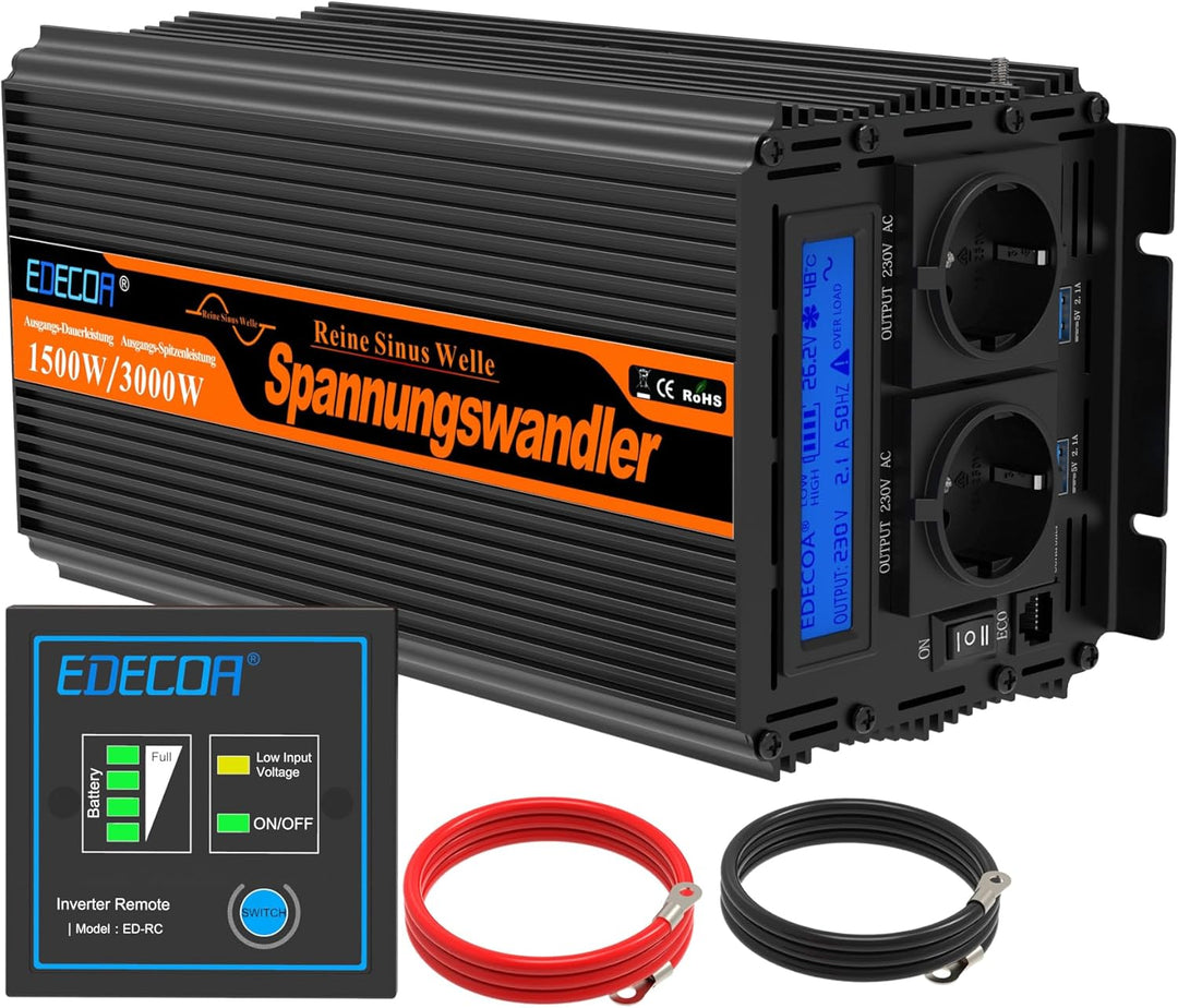 EDECOA Spannungswandler 24v 230v Wechselrichter Reiner Sinus 1500w 24v 220v Konverter 24v auf 230v m