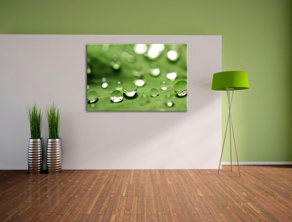 Pixxprint Wassertropfen auf Blatt auf Leinwand, XXL riesige Bilder fertig gerahmt mit Keilrahmen, Ku