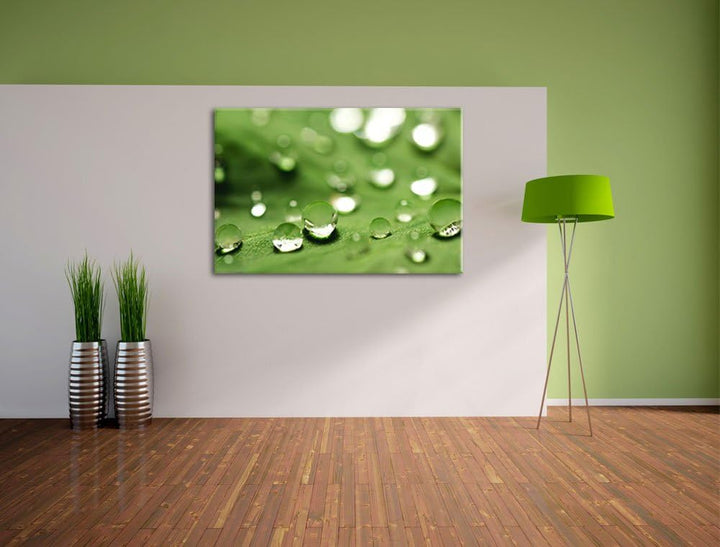 Pixxprint Wassertropfen auf Blatt auf Leinwand, XXL riesige Bilder fertig gerahmt mit Keilrahmen, Ku