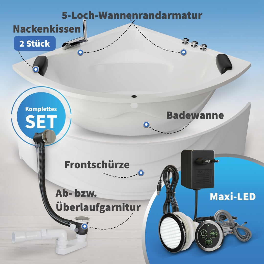 AQUADE Acryl Eckbadewanne 150x150 Komplettset Modell: Koblenz/Kassel mit Wannenfüssen + Schürze + Ab