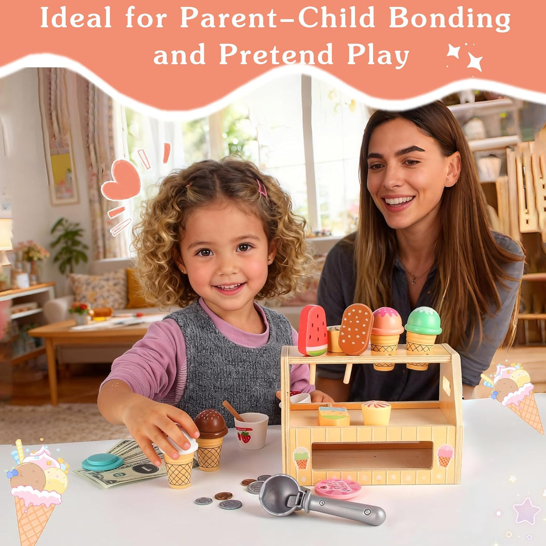 Eisdiele Kinder Holz, Eisladen Kinder Holz mit Eisstand, Langlebiges EIS Spielzeug für Kinder, Kinde