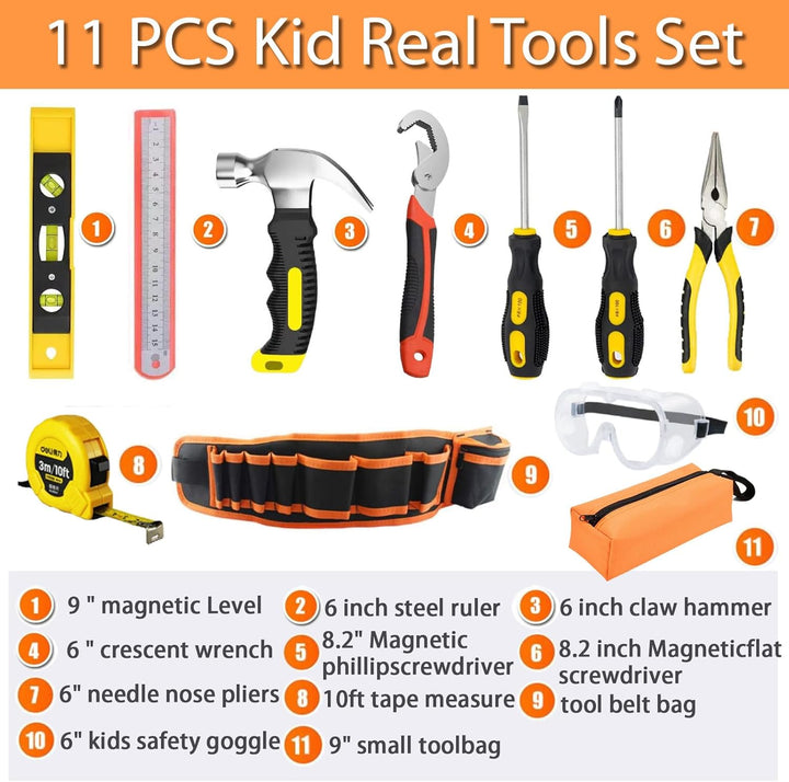 Kinder Werkzeug für Anfängern, Starter-Set für Kinder mit Werkzeugtasche, Werkzeuggürtel, Hammer, Za
