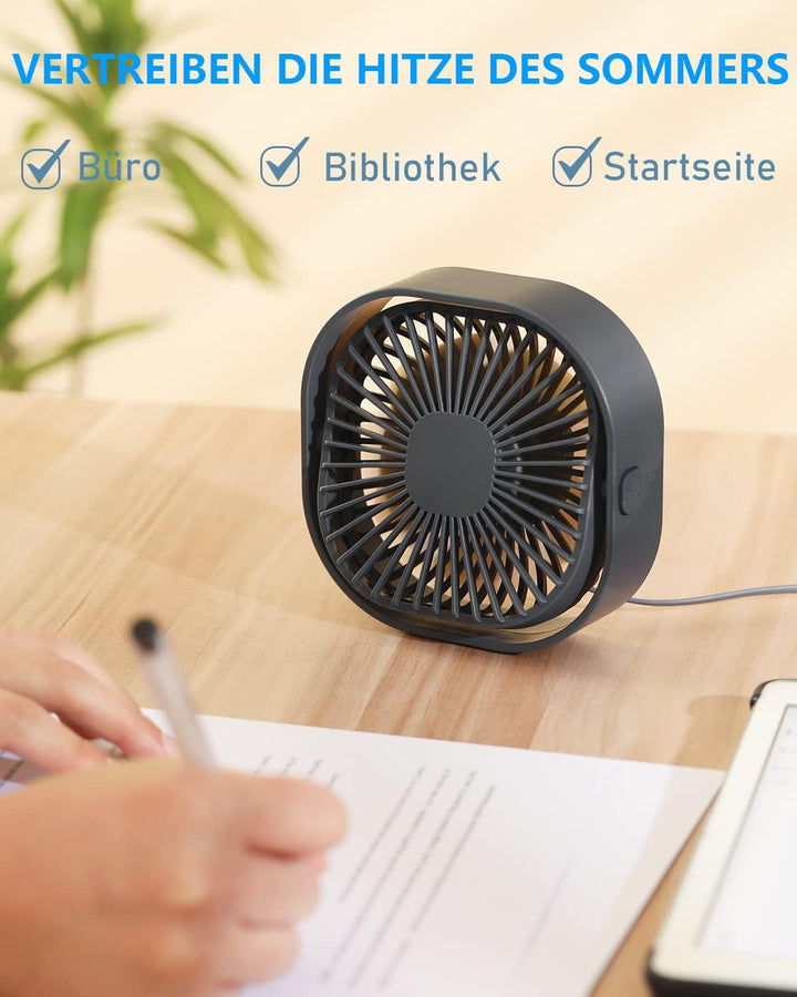 USB Tischventilator Leise Klein,360° Mini Ventilator Grow,Small Table Fan Mit 3 Stufe,BüRo Ventilato