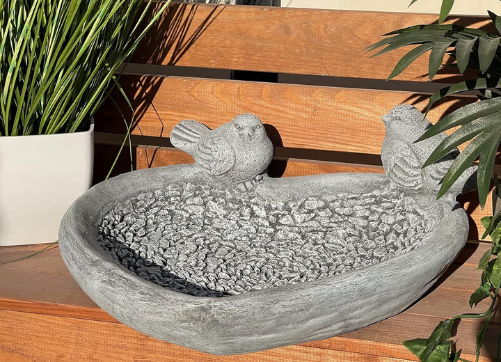 stoneandstyle Vogeltränke XL mit 2 Vögeln massiv Steinguss frostfest Winterfest 13 x 34 x 34 cm