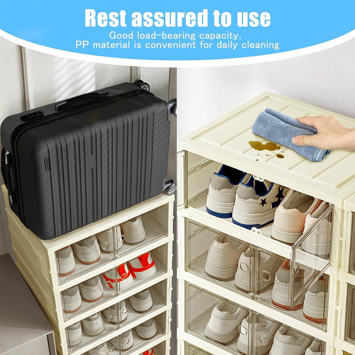 Schuhboxen Stapelbar Transparent Faltbarer Schuhschrank Schuhregal Klappbar mit Magnetischer Tür für