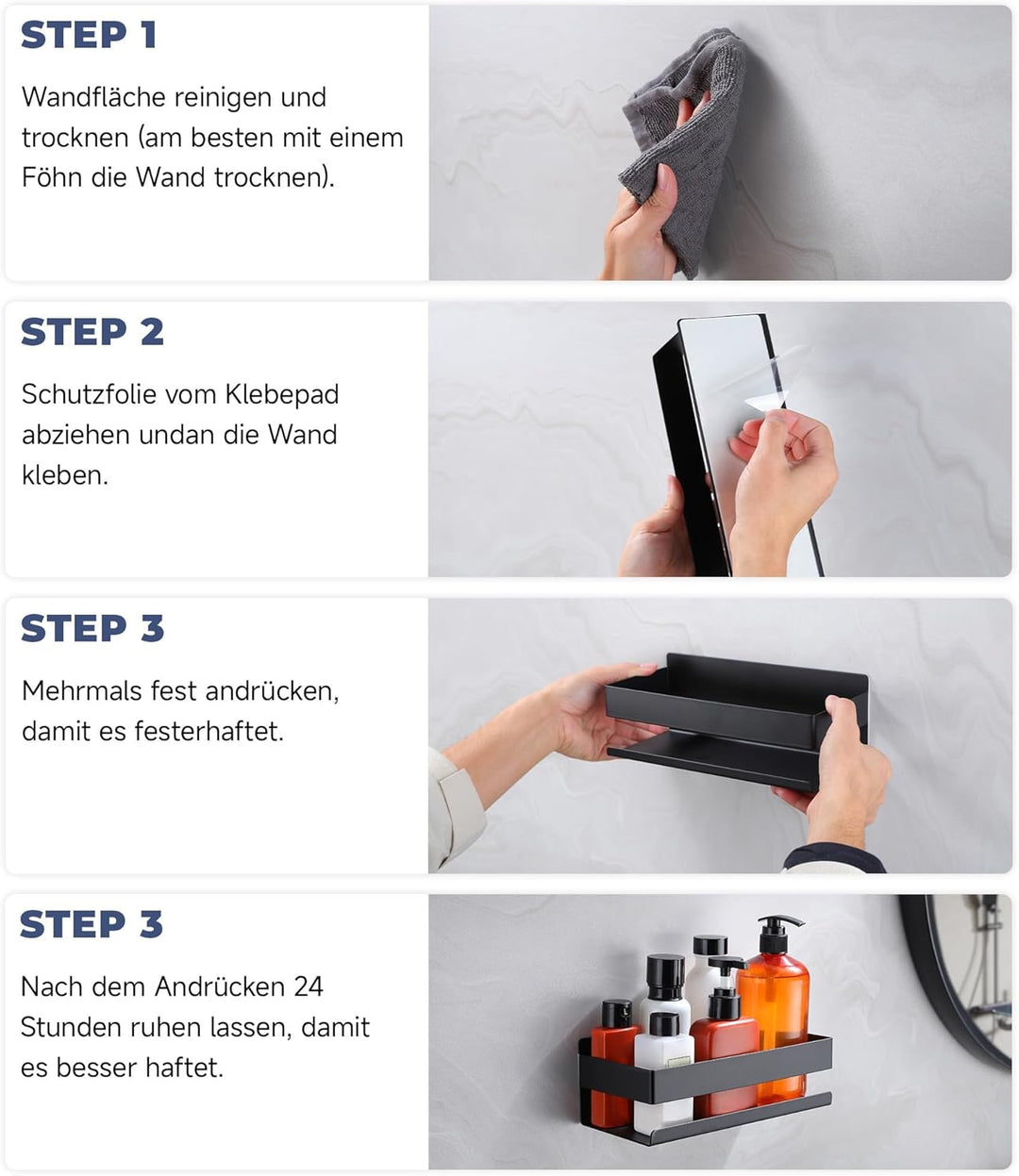 Schwarz Selbstklebender Korb-1 Duschregal Ohne Bohren Edelstahl Duschablage Badregal Shampoo Halteru