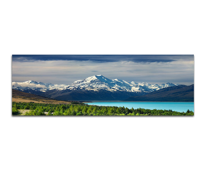 Paul Sinus Art Panoramabild auf Leinwand und Keilrahmen 150x50cm Neuseeland See Gebirge Schnee Wald