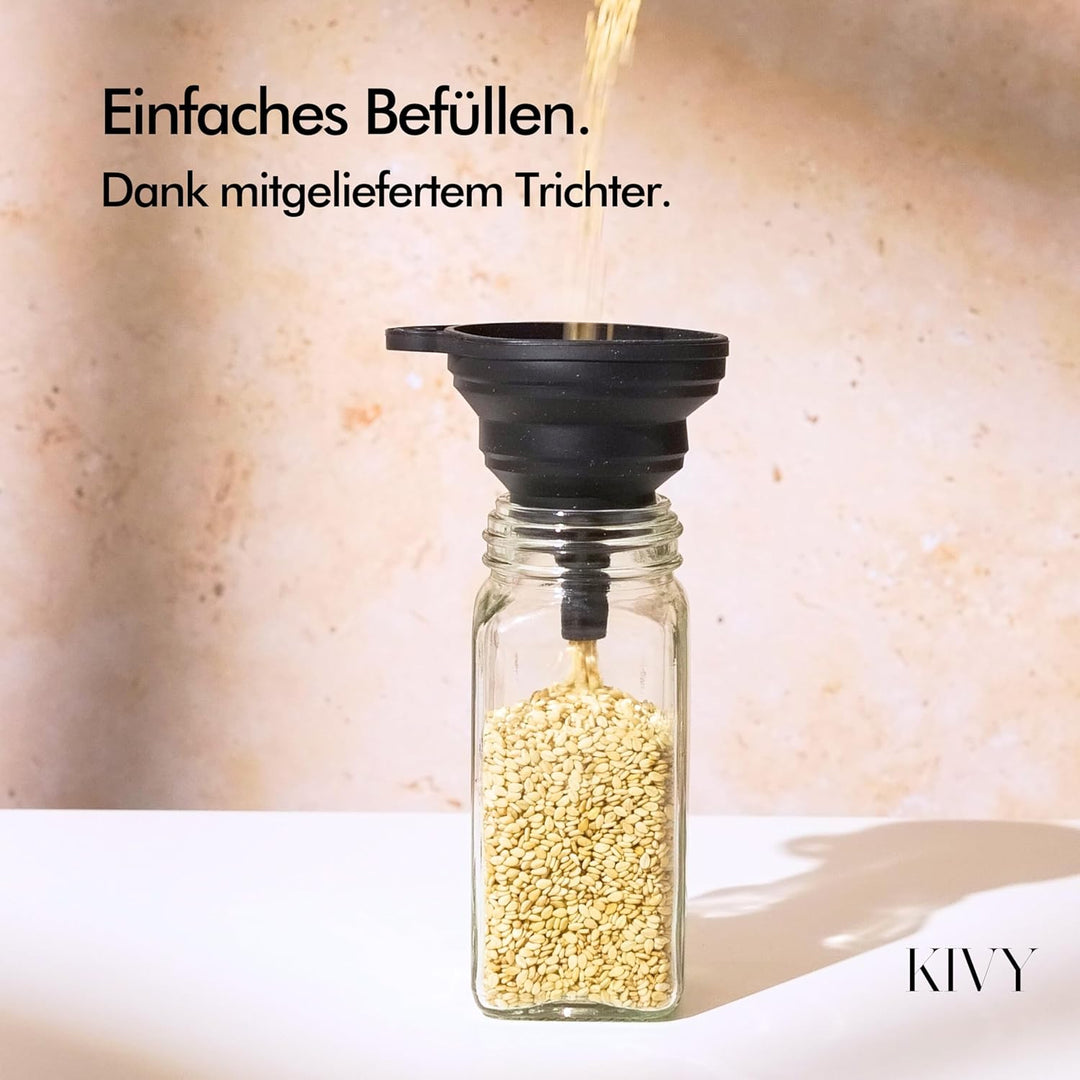 KIVY Gewürzgläser mit Streueinsatz [24x 120ml] + 240 Wasserfeste Label - Luftdichte Gewürzgläser eck