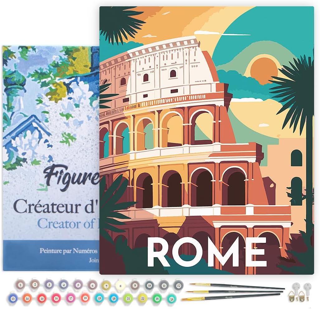Figured'Art Malen Nach Zahlen Erwachsene Mit Rahmen Reiseplakat Rom - Paint by Numbers Basteln DIY B