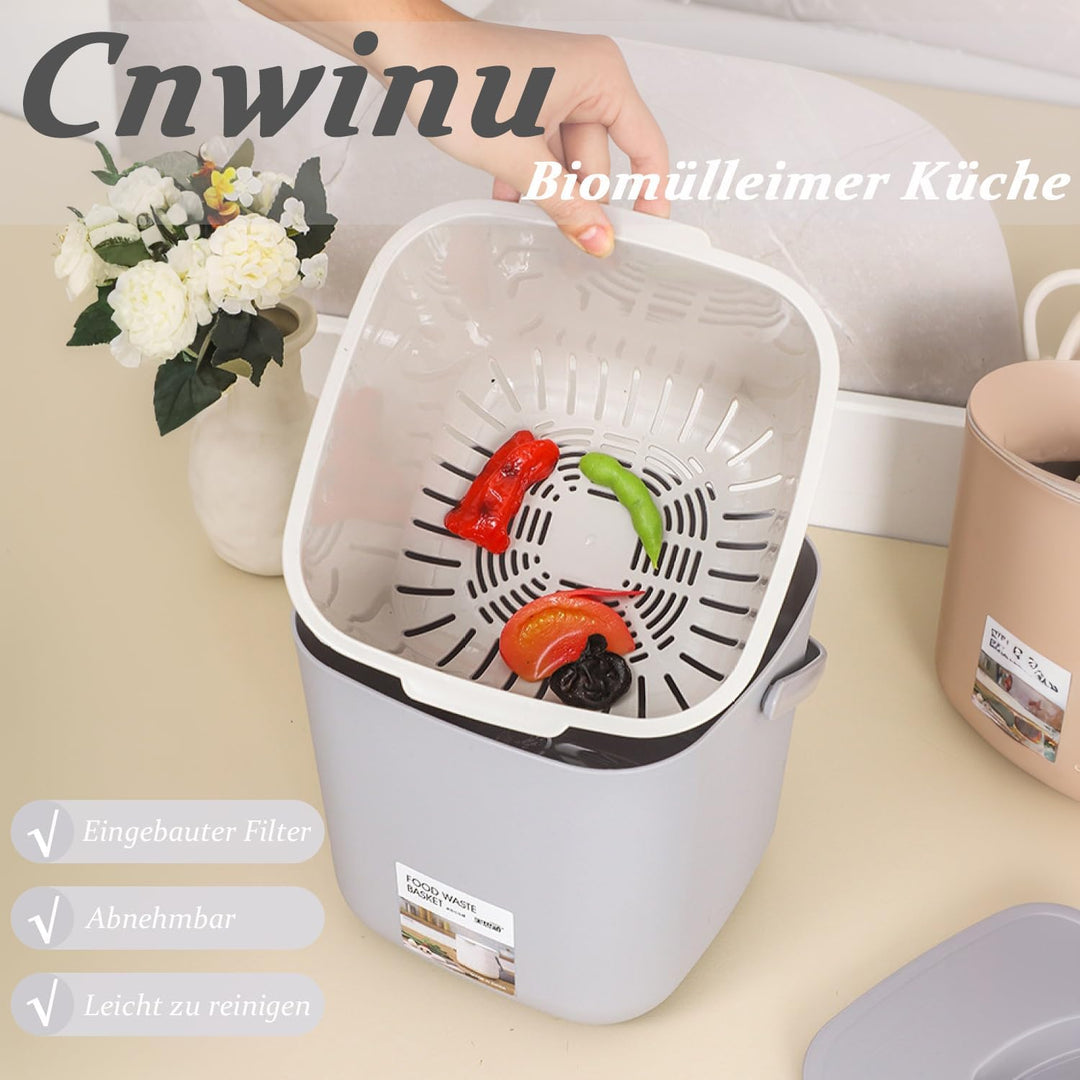 Biomülleimer Küche, 4L Komposteimer Küche, Kleiner Mülleimer mit Deckel, Biomüll Behälter mit Sieb,