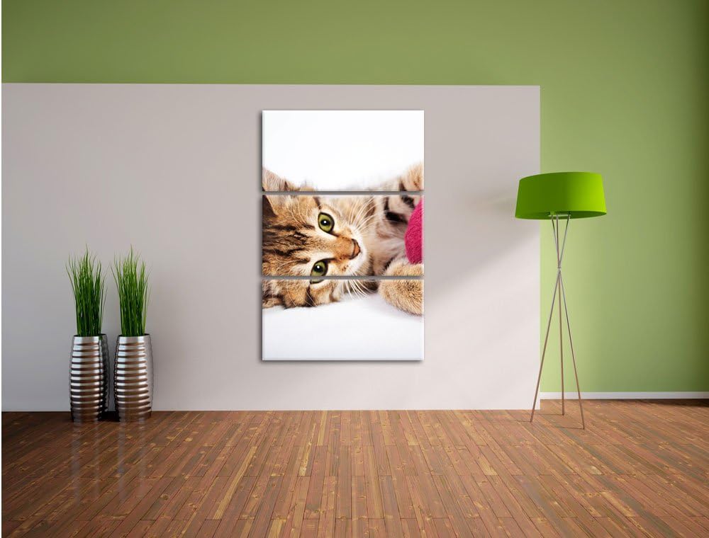 Pixxprint Kätzchen mit Wollknäuel als Leinwandbild/Grösse: 3 Teilig (120x80) cm/Wandbild/Kunstdruck/
