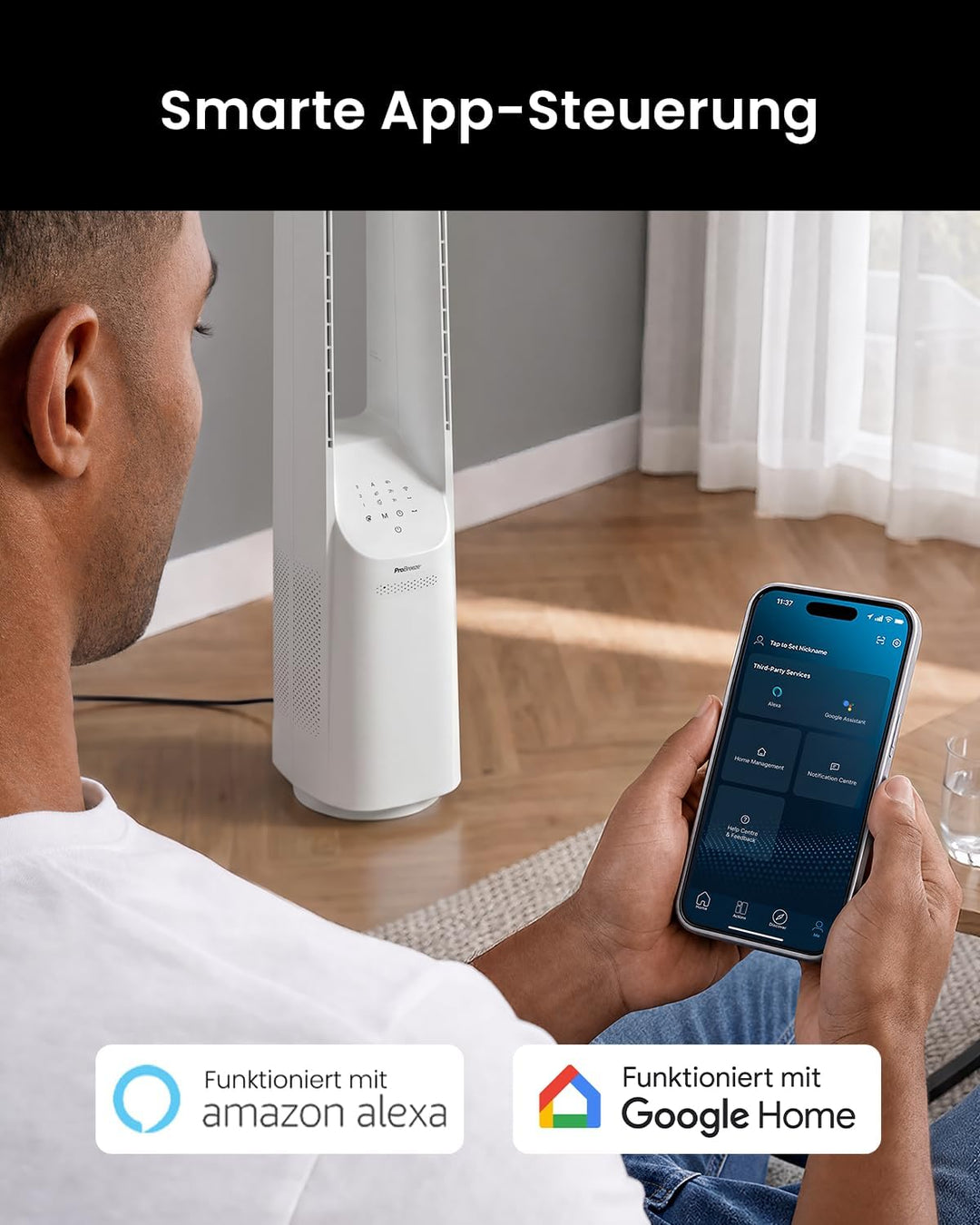 Pro Breeze 101cm rotorloser Ventilator - Smart Home Ventilator mit WLAN, Fernbedienung, LED Display,