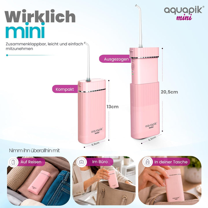 Aquapik® Mini tragbare, wiederaufladbare Munddusche Oral Irrigator 200 ml mit Teleskoptank, USB-C, 3
