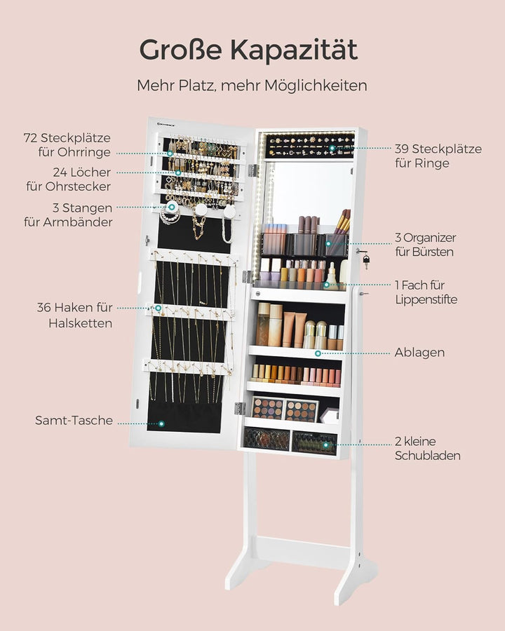 SONGMICS Schmuckschrank, Spiegelschrank, mit rahmenlosem Ganzkörperspiegel, LED-Beleuchtung, Innensp