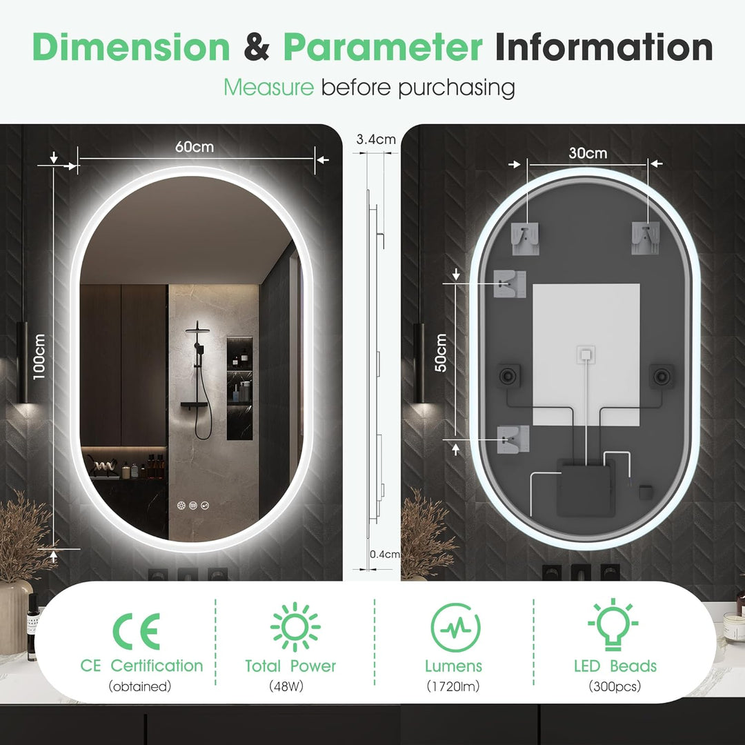 S'bagno Badspiegel-mit-Beleuchtung 100x60cm, Oval-Badezimmerspiegel-mit-Beleuchtung und Bluetooth, E