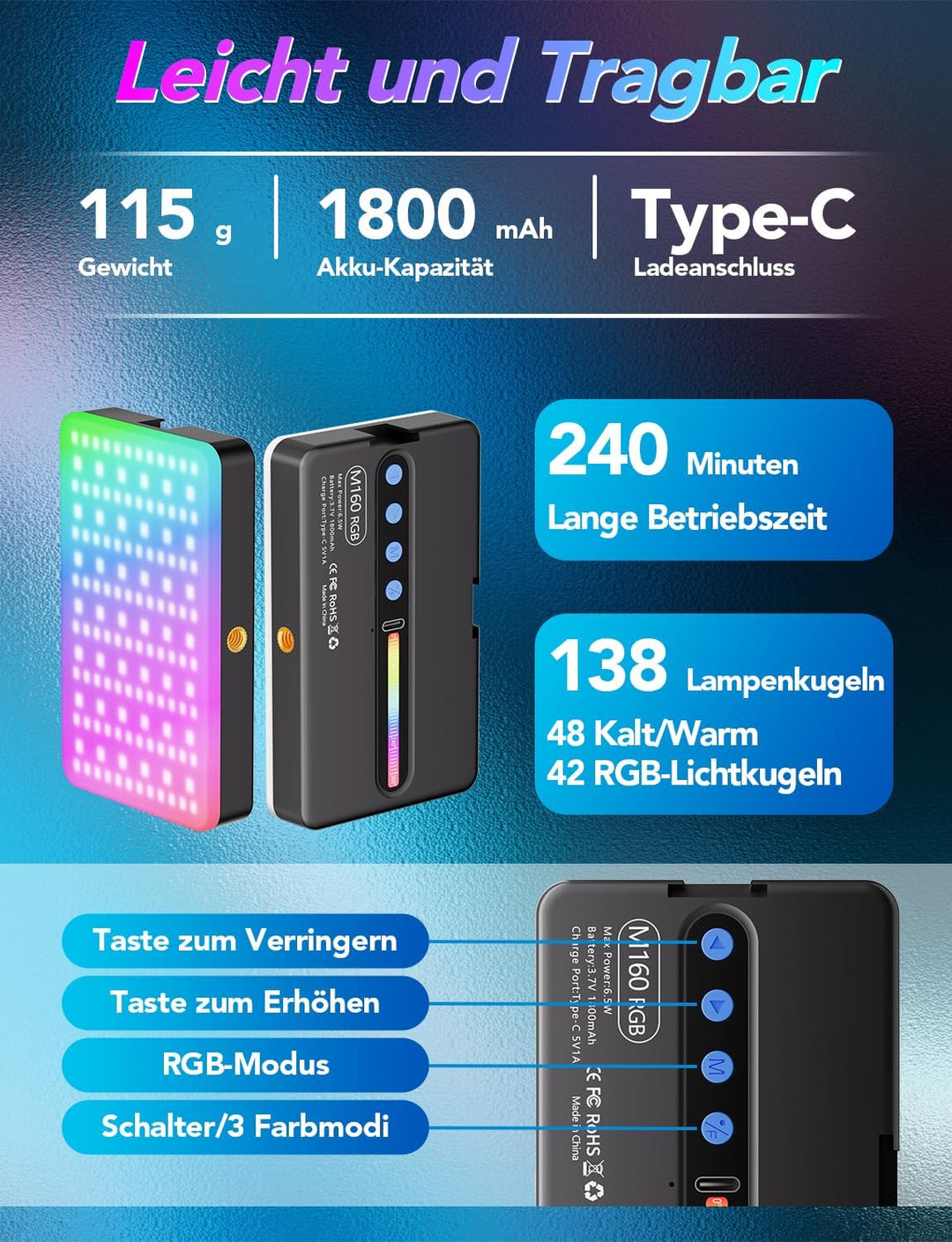 RGB 138 LED Videolicht, Tragbares 2700-6500K Handy Licht, Wiederaufladbar 1800mAh CRI95+ Selfie Lich