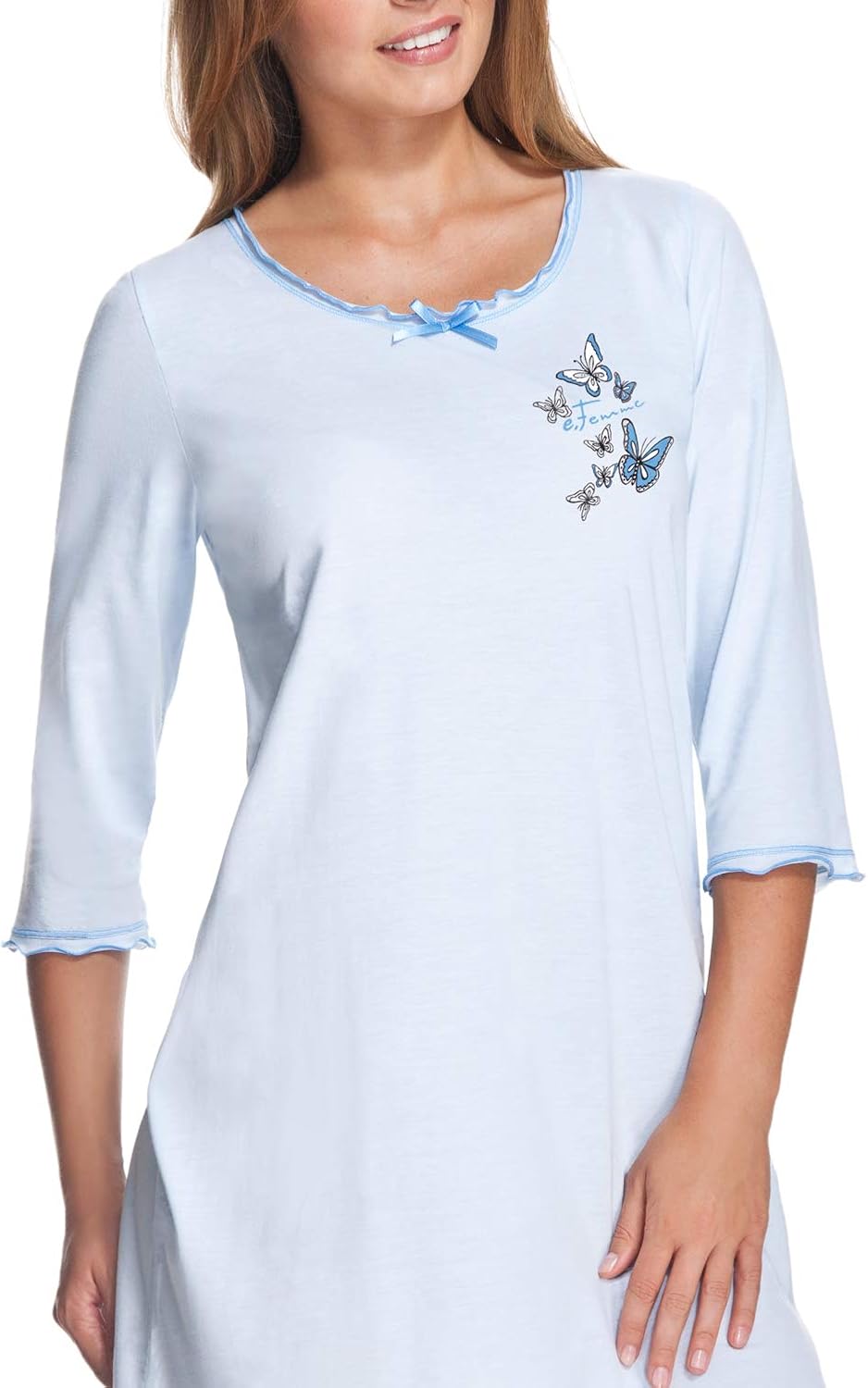 e.Femme® Damen Nachthemd 275 mit 3/4 Ärmeln, aus 50% Baumwolle und 50% Modal Hellblau 38, Hellblau 3