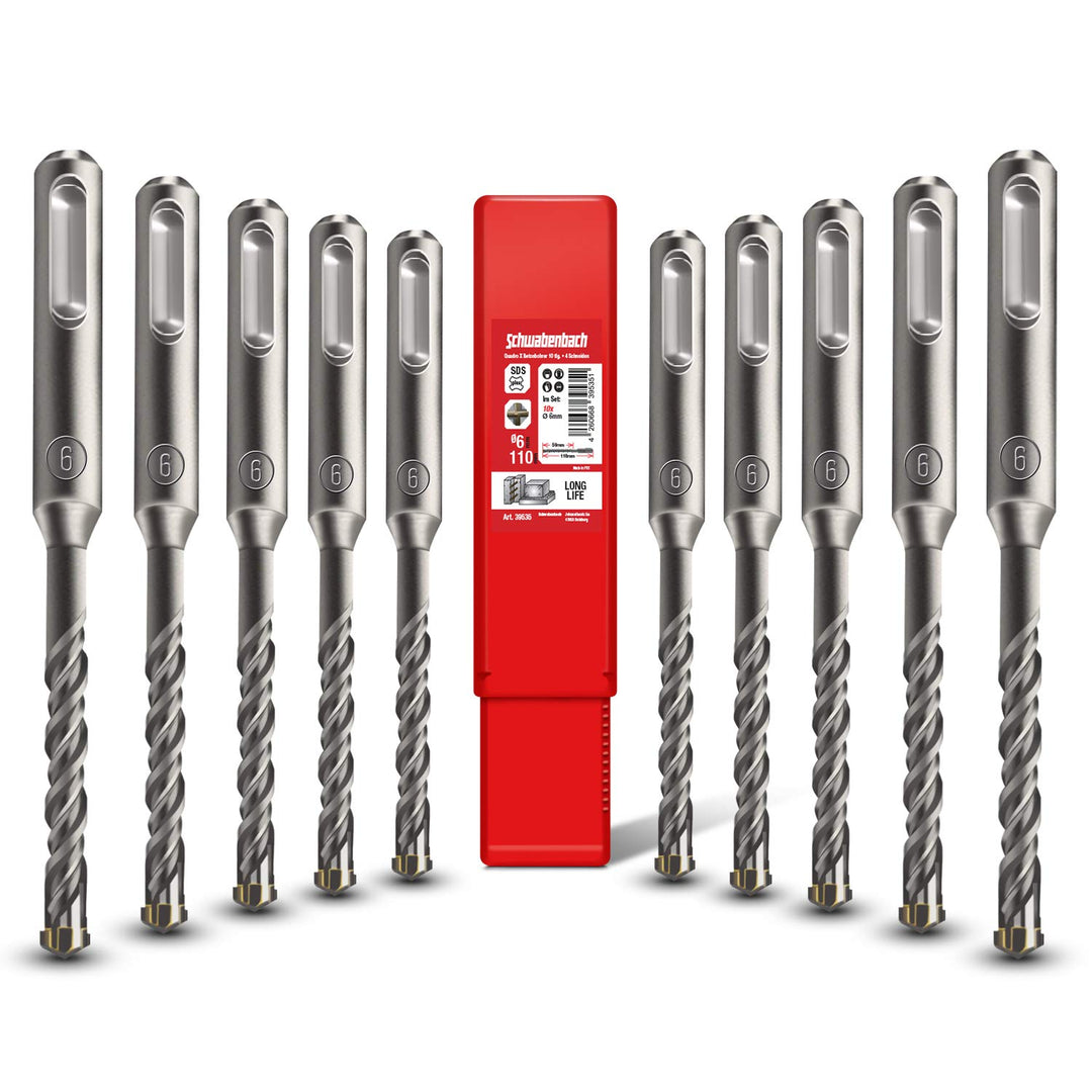 SCHWABENBACH ® SDS Plus Betonbohrer Set - 10tlg. Bohrer 6mm x 110mm - Premium SDS Plus Qualität für
