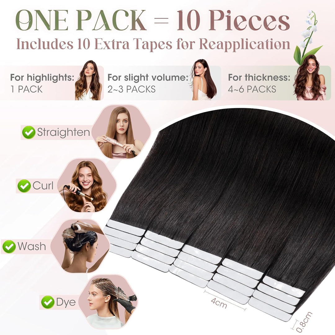 Elailite 10 Stück Tape Extensions Echthaar (15g) + 10 Pcs Invisible Klebeband Haarverlängerung Klebe