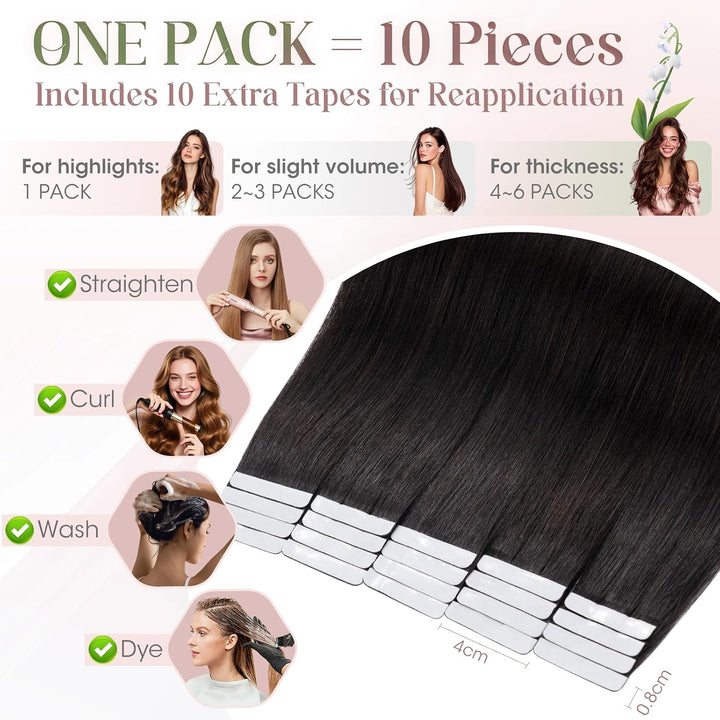 Elailite 10 Stück Tape Extensions Echthaar (15g) + 10 Pcs Invisible Klebeband Haarverlängerung Klebe